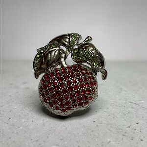 Silver Tone Apple Brooch Red & Green Prong Set Rhinestone Brooch